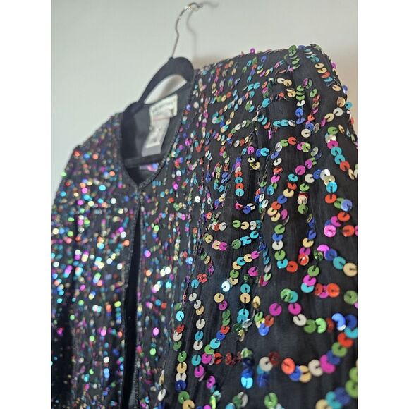 VTG Pappell Boutique XL Silk Black Jacket Multicolor‎ Sequins Holiday Party NYE - Picture 4 of 9